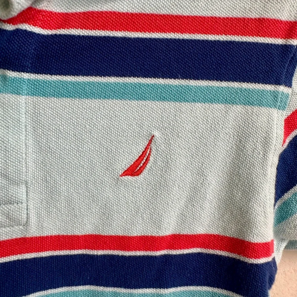 Nautica Boys Preppy Wide Stripe Polo Shirt Mint Blue Red Size 8